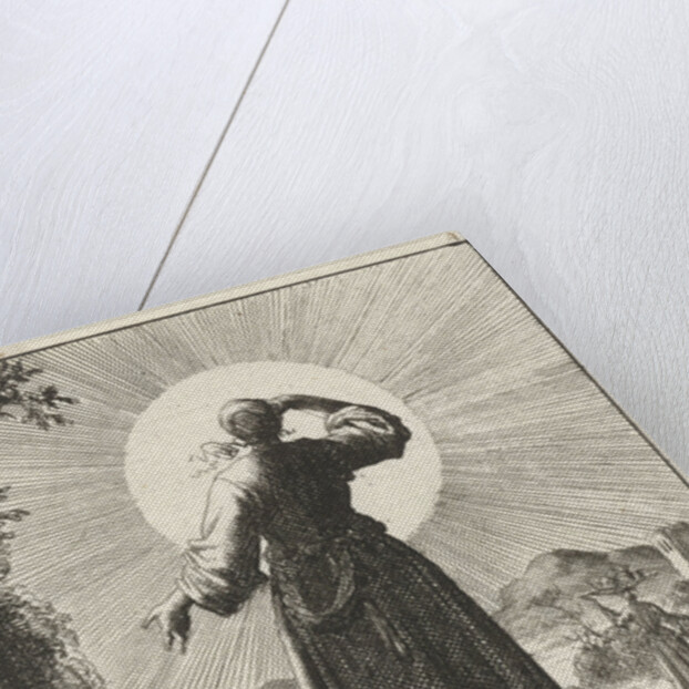 Woman holds her hand before her eyes while looking at the sun by Pieter Arentsz II