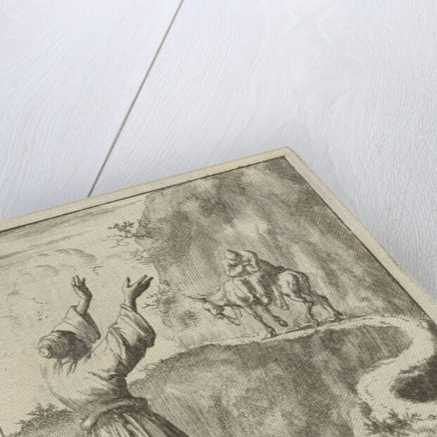 Woman looks startled at a sleeping man who bestrides a narrow mountain on a donkey by Pieter Arentsz II