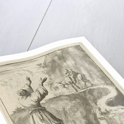 Woman looks startled at a sleeping man who bestrides a narrow mountain on a donkey by Pieter Arentsz II