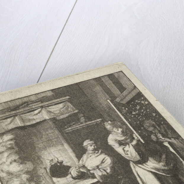 Woman opens the door for a figure who stands outside in a snowstorm by Jan Luyken