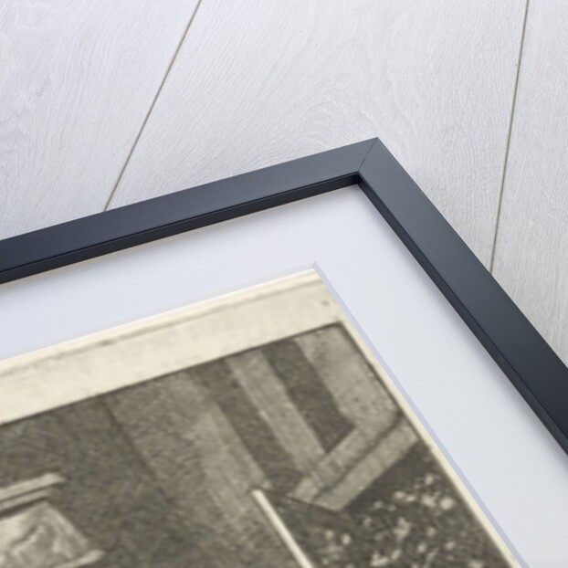 Woman opens the door for a figure who stands outside in a snowstorm by Jan Luyken