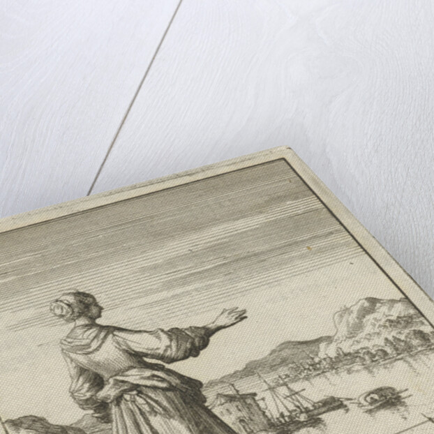 Woman overlooking a bay where a boat is pulled by a group of men by Pieter Arentsz II