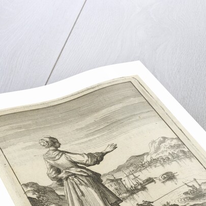 Woman overlooking a bay where a boat is pulled by a group of men by Pieter Arentsz II