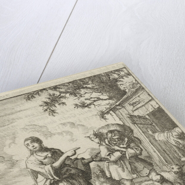 Woman pointing to a found sheep brought back to the stable on the shoulders of a man by Pieter Arentsz II