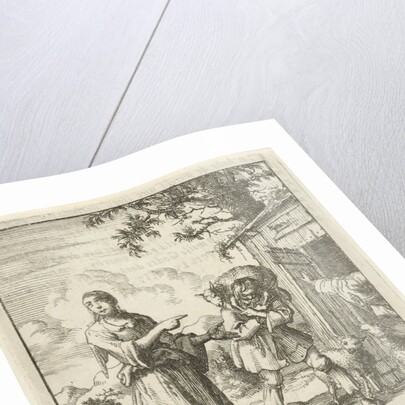 Woman pointing to a found sheep brought back to the stable on the shoulders of a man by Pieter Arentsz II