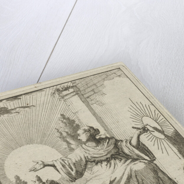 Female compares the sun with a drawing of the sun next to her on a wall by Pieter Arentsz II