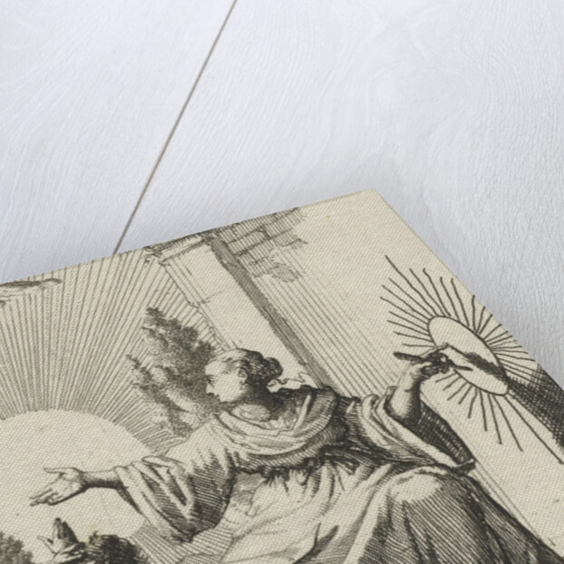 Female compares the sun with a drawing of the sun next to her on a wall by Pieter Arentsz II