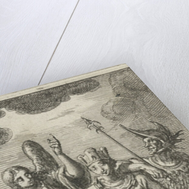 Garland and chained woman flanked by an angel and a soldier by Johannes Boekholt