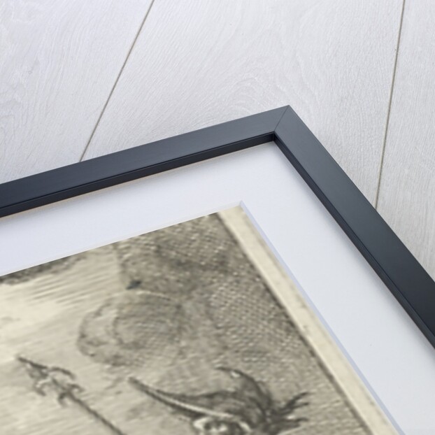 Garland and chained woman flanked by an angel and a soldier by Johannes Boekholt