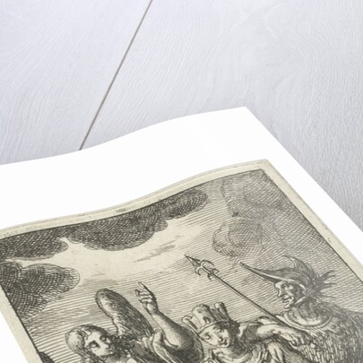 Garland and chained woman flanked by an angel and a soldier by Johannes Boekholt