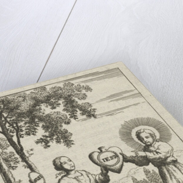 Christ and the personified soul together holding a heart with the text Iesus by Pieter Arentsz II