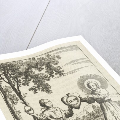 Christ and the personified soul together holding a heart with the text Iesus by Pieter Arentsz II