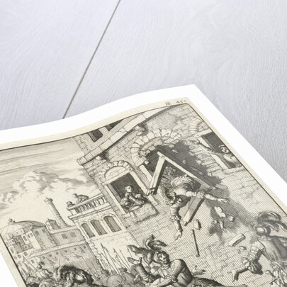 Henry II, Count of Champagne, plummeting through a broken window frame by Timotheus ten Hoorn