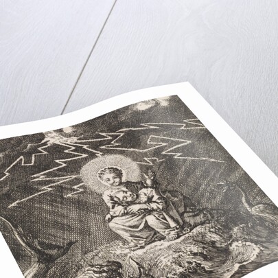 Personified soul asleep in Christ's lap during storm and tempest by Jan Luyken