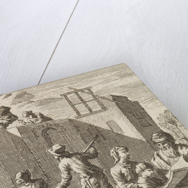 Grandfather shows his grandchild a leaf while in the background a house is built by Pieter Arentsz II