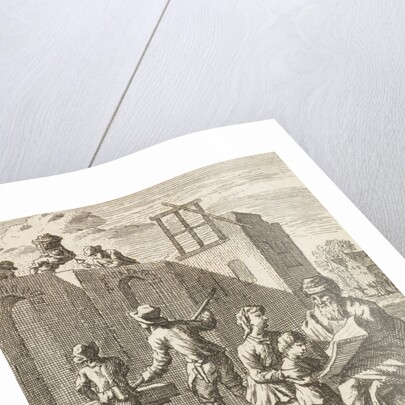 Grandfather shows his grandchild a leaf while in the background a house is built by Pieter Arentsz II