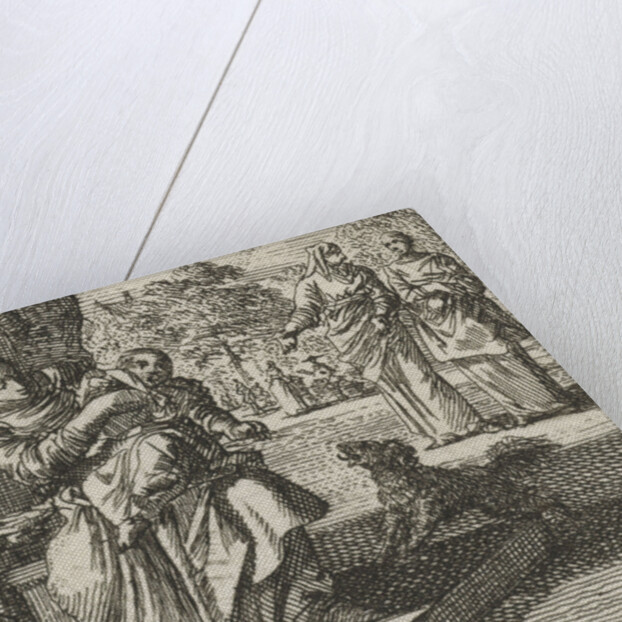 Mother washes her child on the sidewalk in front of the house by Jan Luyken