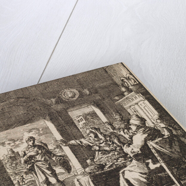 Family makes dismissive gestures to a poor man who asks for help by Cornelis van der Sys II