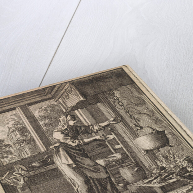 Woman reaches for the chain from a pot that hangs high above the fire by Pieter Arentsz & Cornelis van der Sys II