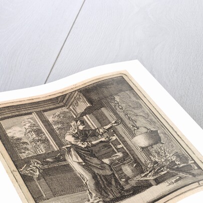 Woman reaches for the chain from a pot that hangs high above the fire by Pieter Arentsz & Cornelis van der Sys II