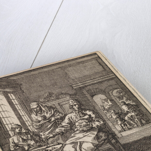 Figures at a table on which a loaf of bread and a knife can be seen by Pieter Arentsz & Cornelis van der Sys II