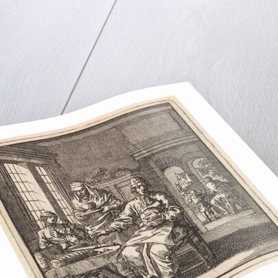 Figures at a table on which a loaf of bread and a knife can be seen by Pieter Arentsz & Cornelis van der Sys II