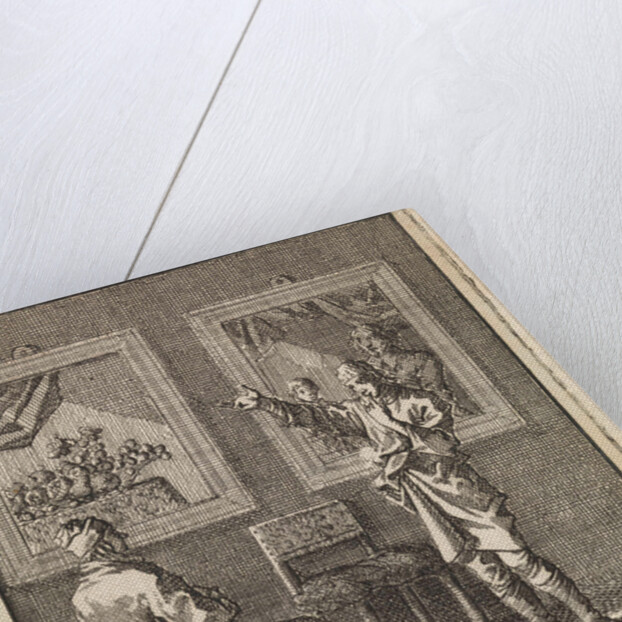 Young man talks about the paintings hanging behind him by Pieter Arentsz & Cornelis van der Sys II