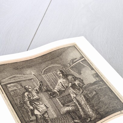 Man places a burning candle in the candlestick by Cornelis van der Sys II