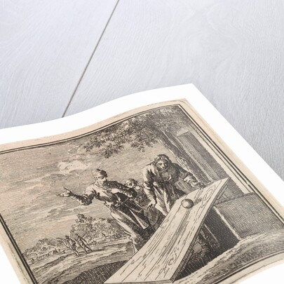 Two men let a ball roll down over a plank of wood by Pieter Arentsz & Cornelis van der Sys II