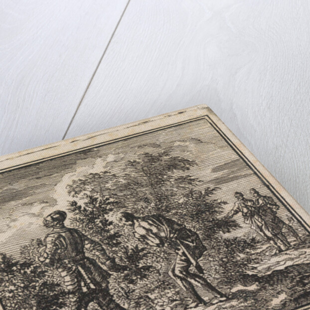 Armored man and half-naked man trying to walk through a pricklebush by Cornelis van der Sys II