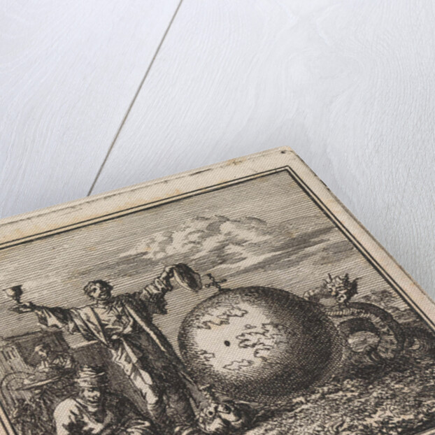 Two men enjoy food and drink while Satan is watching from behind the globe by Pieter Arentsz & Cornelis van der Sys II