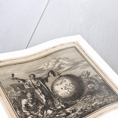 Two men enjoy food and drink while Satan is watching from behind the globe by Pieter Arentsz & Cornelis van der Sys II