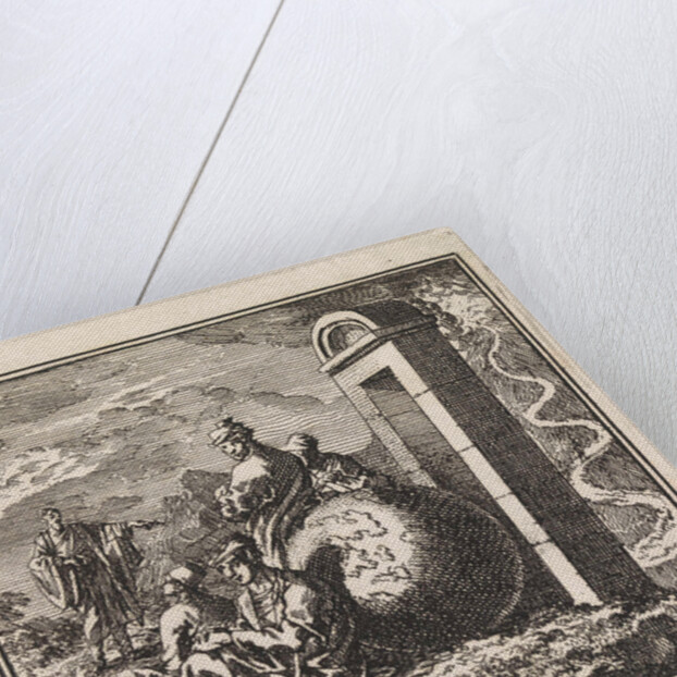 Before a narrow gate a few men rest near a globe by Cornelis van der Sys II