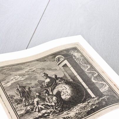 Before a narrow gate a few men rest near a globe by Cornelis van der Sys II