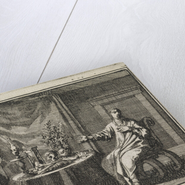 Woman pointing at the vanitas symbols on the table before her by Pieter Arentsz & Cornelis van der Sys II