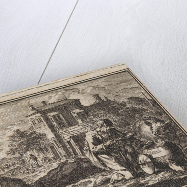 Poor man kneels between pigs and takes food from a vessel in the shape of the world by Cornelis van der Sys II