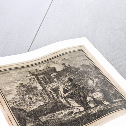 Poor man kneels between pigs and takes food from a vessel in the shape of the world by Cornelis van der Sys II