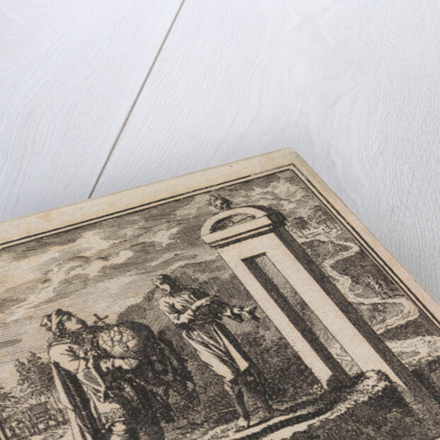 To pass through the narrow gate that leads to the narrow road, the man carrying the globe is too wide by Pieter Arentsz & Cornelis van der Sys II