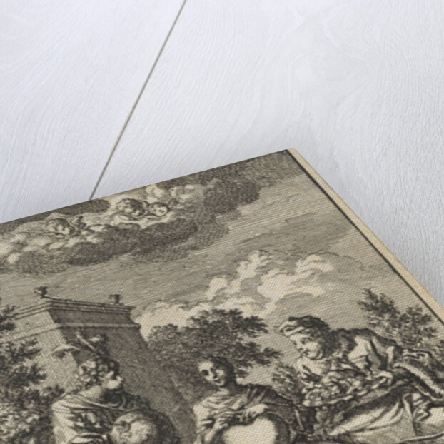 Woman holding a heart in her hands, sitting between the World and Lust by Jacob van Royen