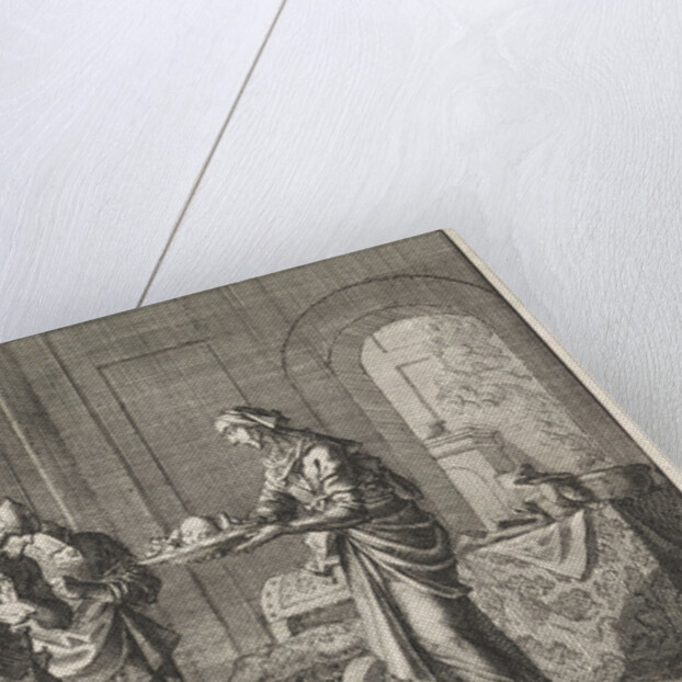 Mother shows warriors the remains of her child, eaten during the famine in Jerusalem by Pieter Mortier