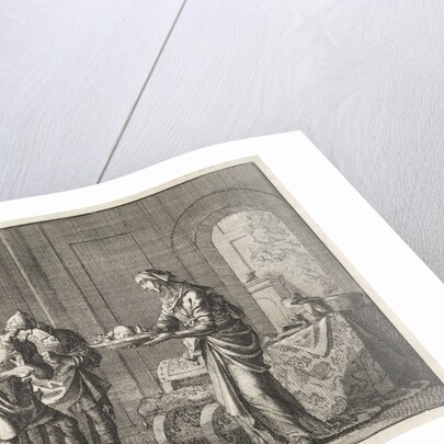 Mother shows warriors the remains of her child, eaten during the famine in Jerusalem by Pieter Mortier