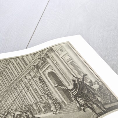 The golden eagle of Herod is torn off the temple by people with ropes by Pieter Mortier