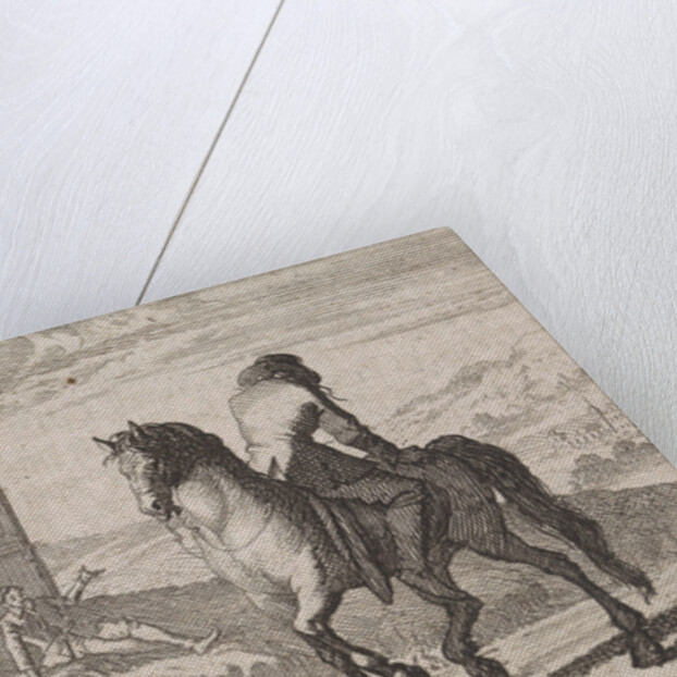 Nobleman who has gone insane sitting backwards on a horse by Christoph Weigel