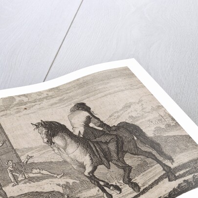 Nobleman who has gone insane sitting backwards on a horse by Christoph Weigel