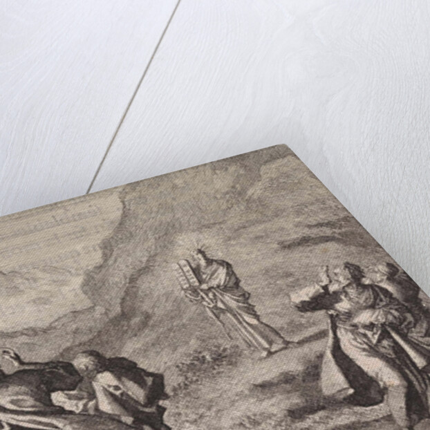 Moses received the law tables and displays them to the people by Pieter Mortier