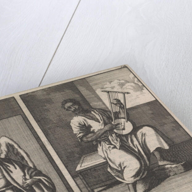 Angel with sword, Moor plays five stringed instrument by Jan Luyken