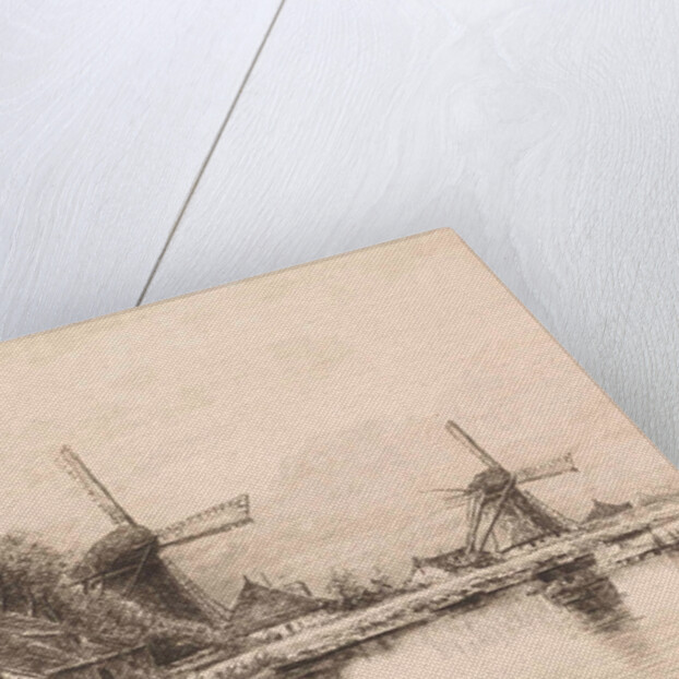 Houses and two windmills along a river by Elias Stark