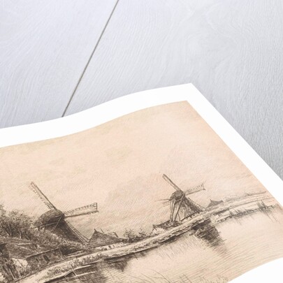 Houses and two windmills along a river by Elias Stark