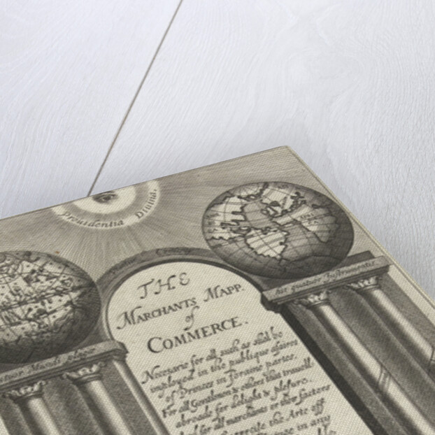 Seeing eye looks down on architecture awarded with world globe and celestial globe on pillars on either side of title by Ralph Mabb