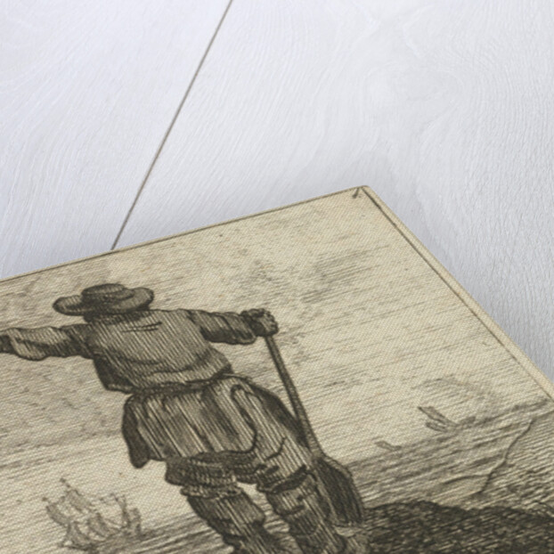 Dune landscape with a waving man leaning on a shovel by Jan Porcellis